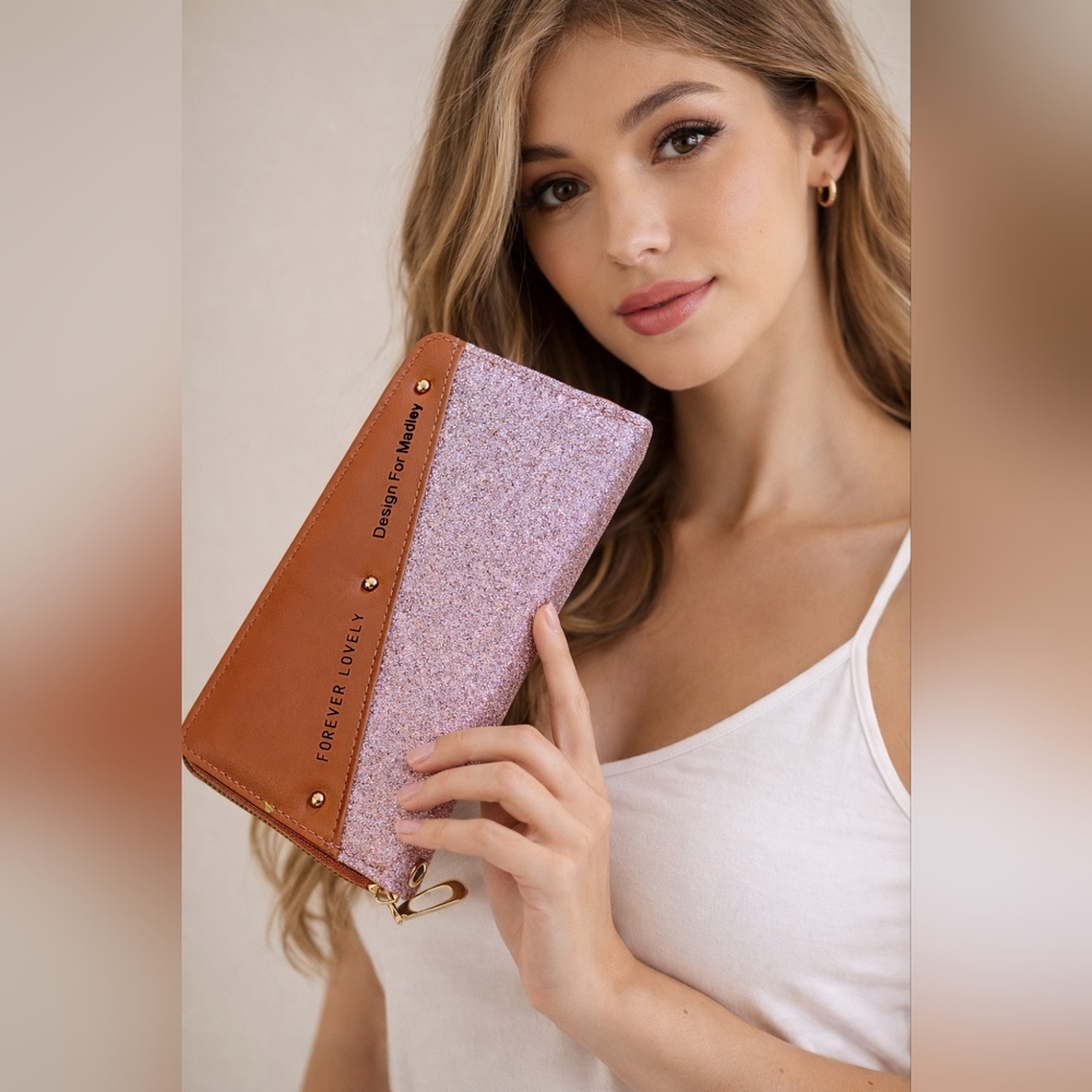 Young Brown & Pink Glitter Zip Around Wallet Clutch